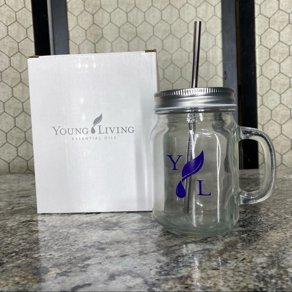 Young Living Glass Jar Mug with Stainless Steel Straw - Picture 1 of 7